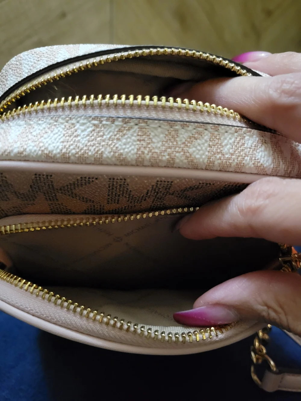 Michael Kors Metallic Logo Crossbody in Rose Gold and Light Pink